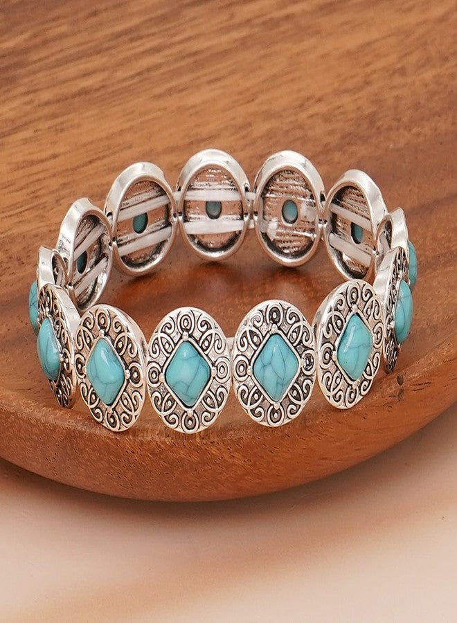Wovanoo Turquoise Stretch Bracelets Boho Natural Stone Bangle Bracelet Adjustable Carved Wrist Bracelet Round - Image 5